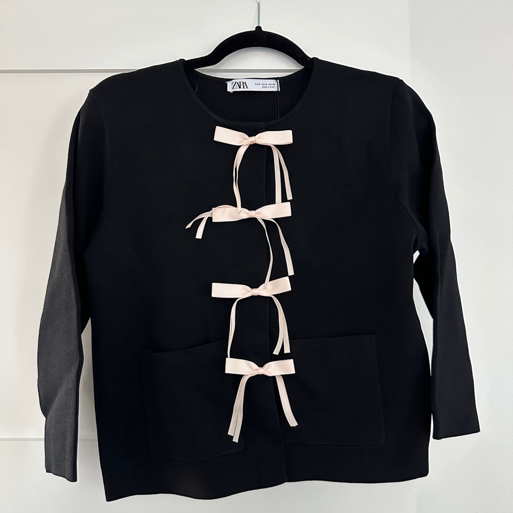 NWT Small Zara Black Cardigan with Cream Bows